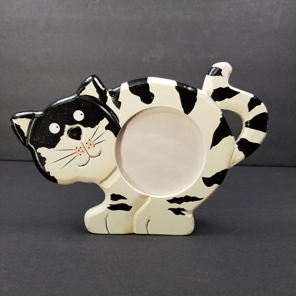 Whimsical Black‎ and White Tuxedo Cat Wooden Photo Frame Tabletop 7.5x5.5 NIB
